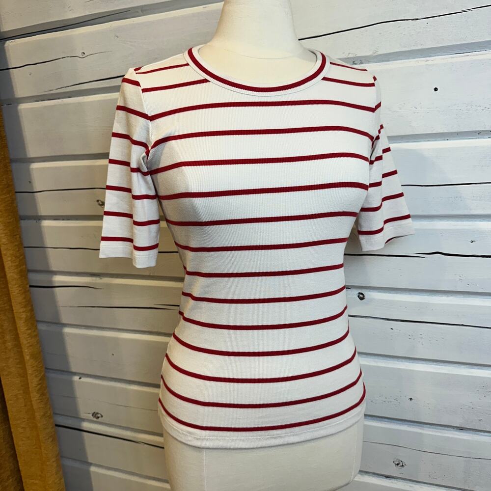 AYR The Half Day Tee Red & White Striped 3/4 Sleeve Women’s M NWOT